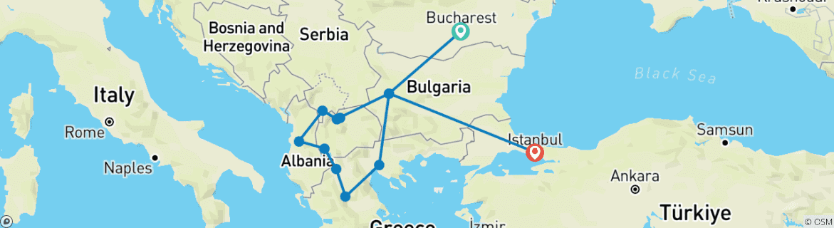 Image of a map showing the route of the tour