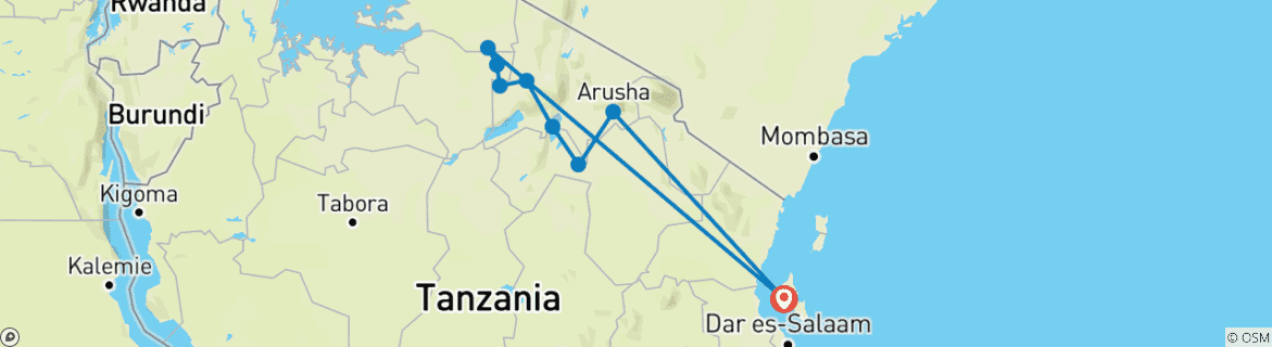 Image of a map showing the route of the tour