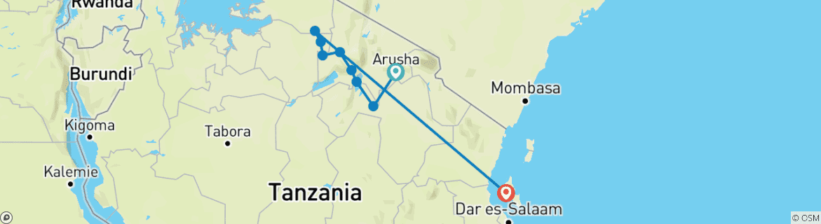 Image of a map showing the route of the tour