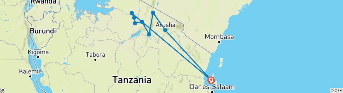 Image of a map showing the route of the tour