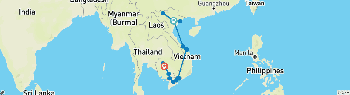 Image of a map showing the route of the tour