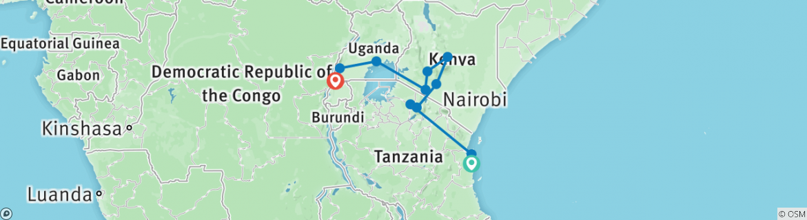 Image of a map showing the route of the tour