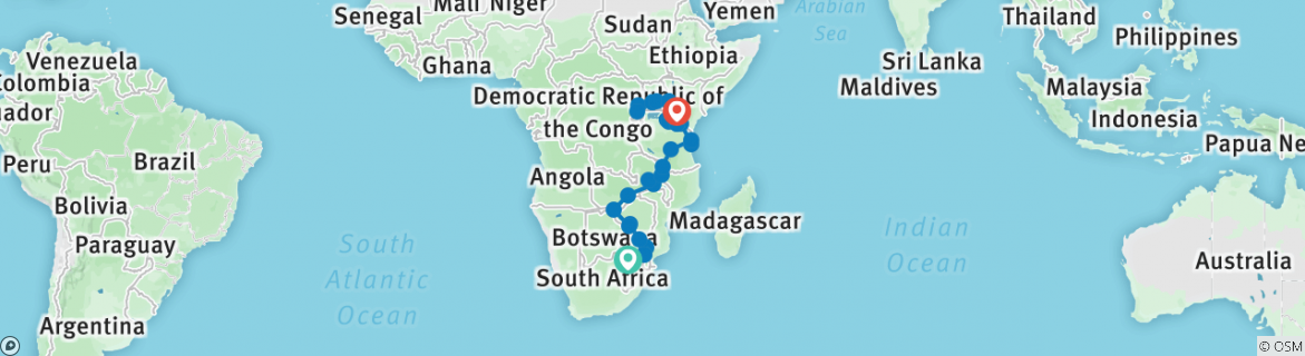 Image of a map showing the route of the tour