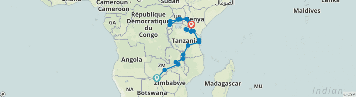 Image of a map showing the route of the tour