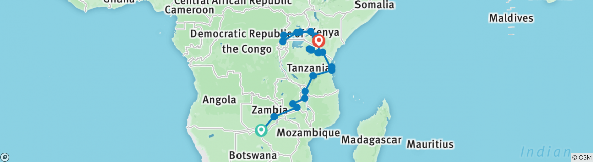 Image of a map showing the route of the tour