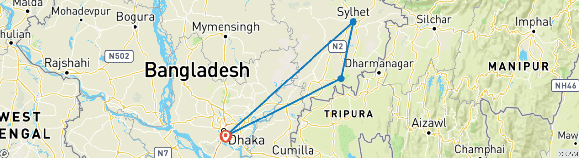 Image of a map showing the route of the tour