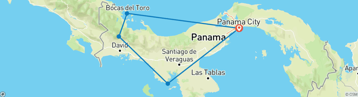 Mapa de Viaje Privado de 12 Días al Canal de Panamá y las Islas de Bocas del Toro, Salida Diaria