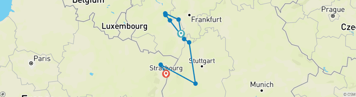 Image of a map showing the route of the tour