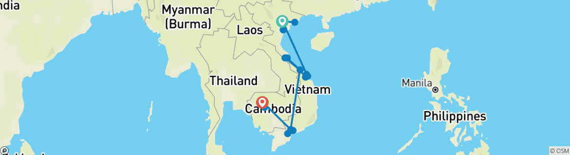 Image of a map showing the route of the tour
