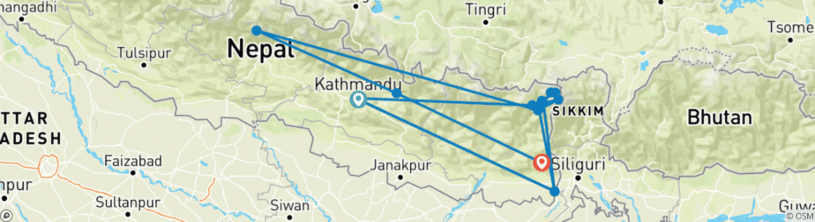 Image of a map showing the route of the tour
