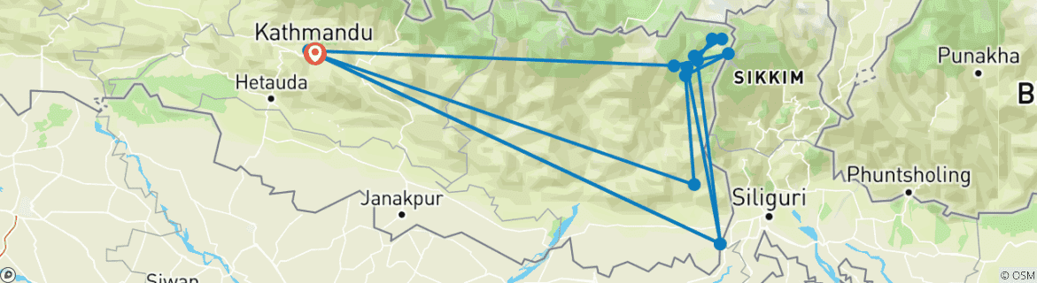 Image of a map showing the route of the tour