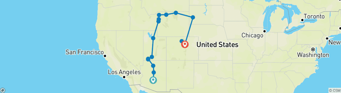 Image of a map showing the route of the tour