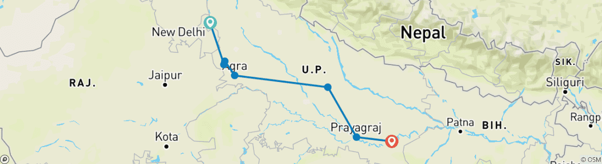 Image of a map showing the route of the tour