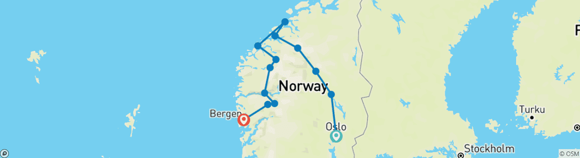 Image of a map showing the route of the tour