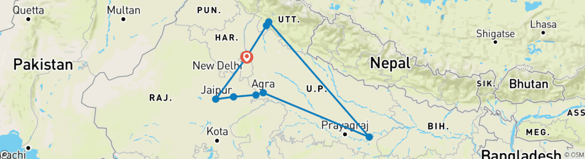 Image of a map showing the route of the tour
