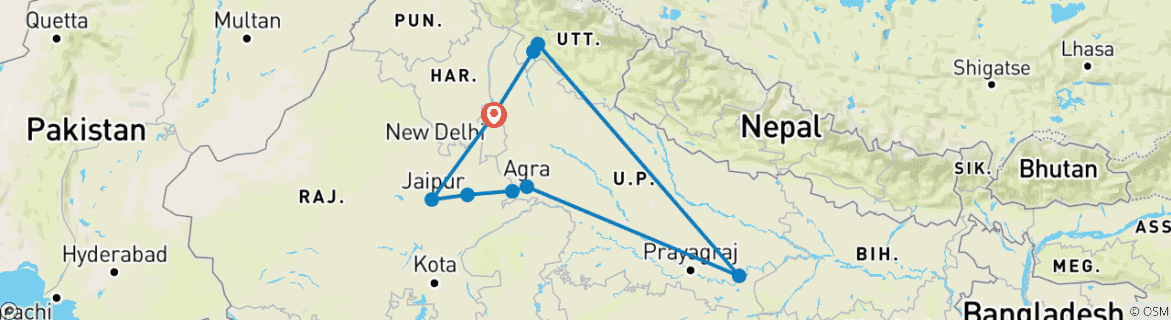 Image of a map showing the route of the tour