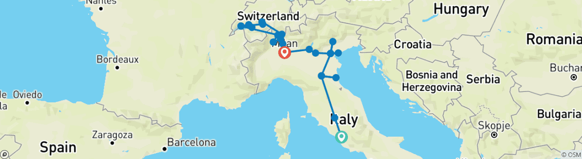 Image of a map showing the route of the tour
