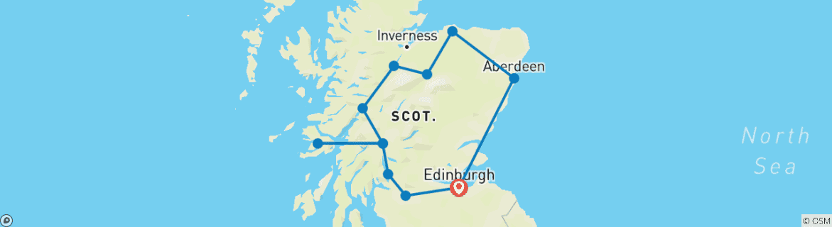 Image of a map showing the route of the tour
