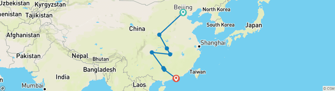 Image of a map showing the route of the tour