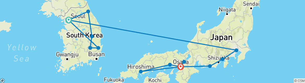 Image of a map showing the route of the tour