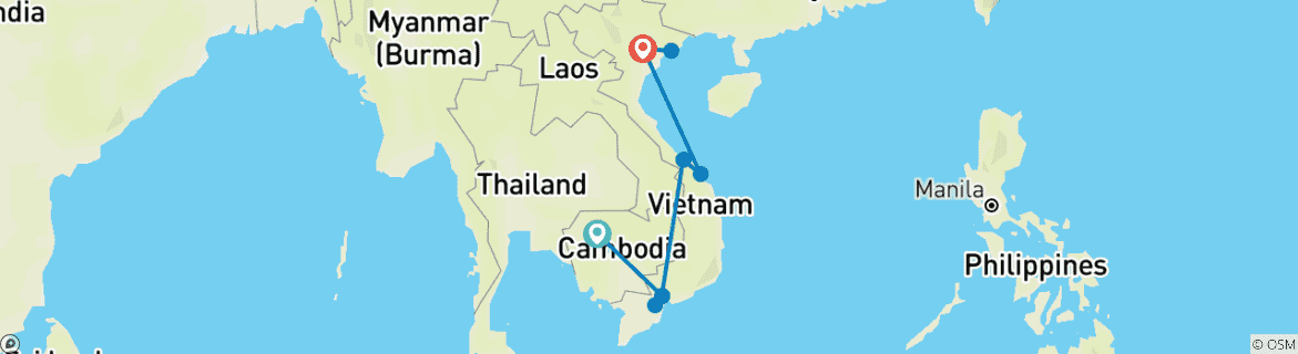 Image of a map showing the route of the tour