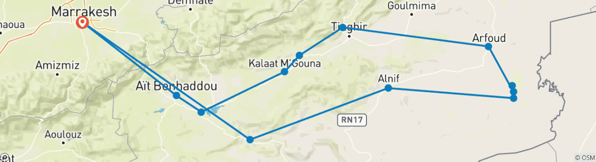 Image d'une carte montrant l'itinéraire du circuit