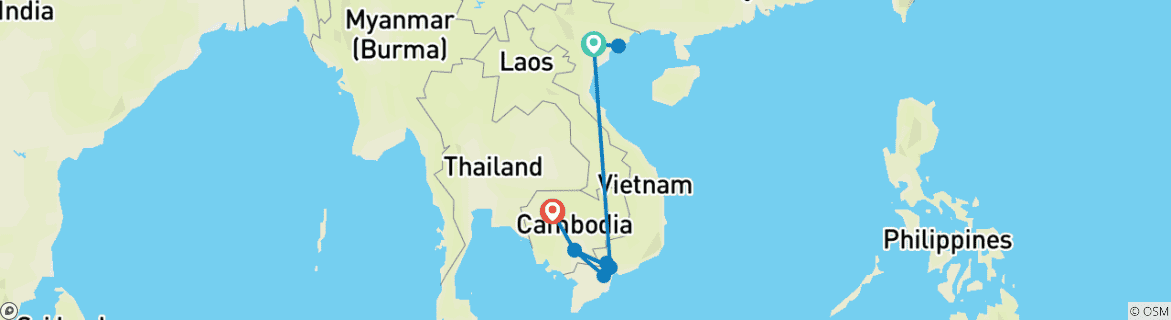 Image of a map showing the route of the tour