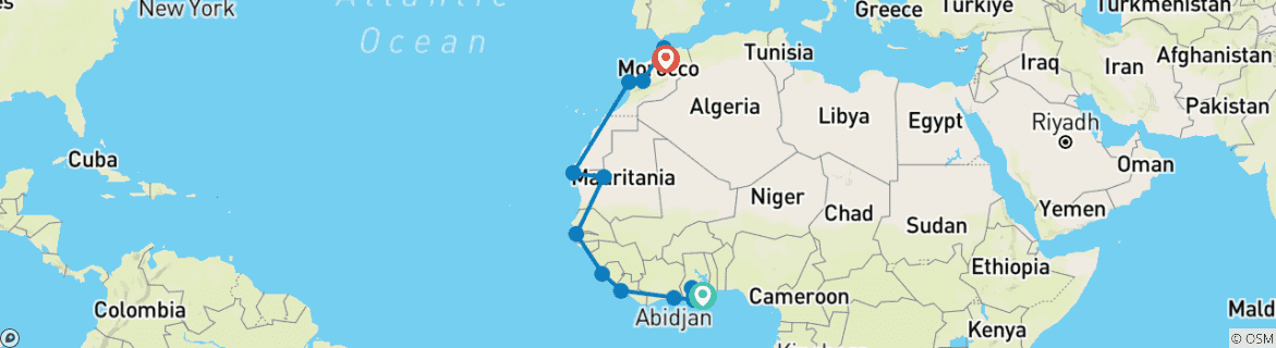 Image of a map showing the route of the tour