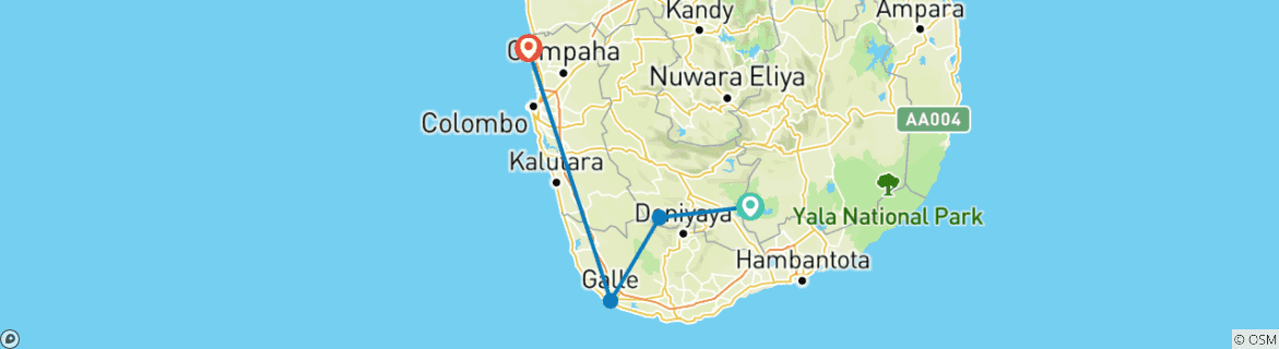 Image of a map showing the route of the tour