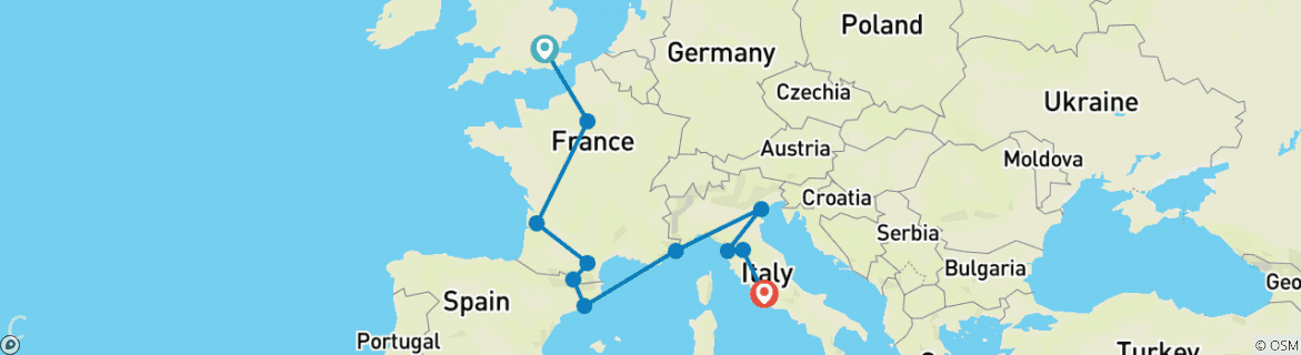 Image of a map showing the route of the tour