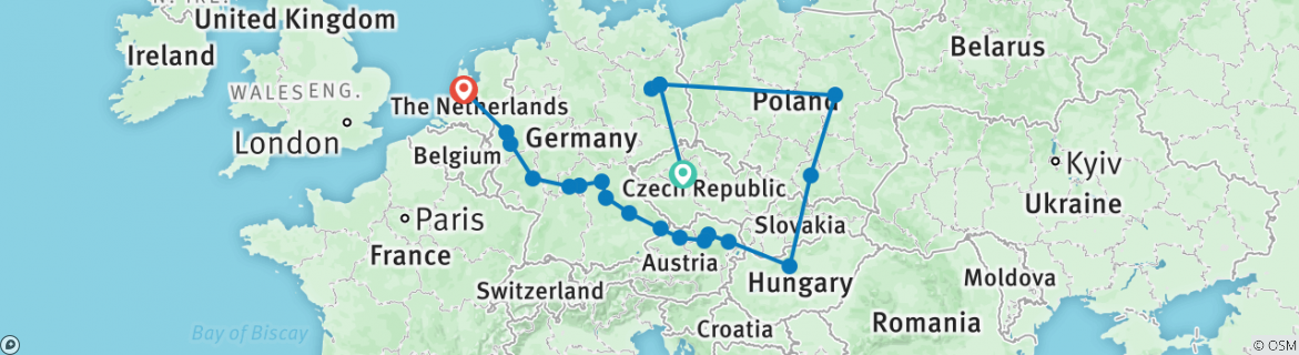 Image of a map showing the route of the tour