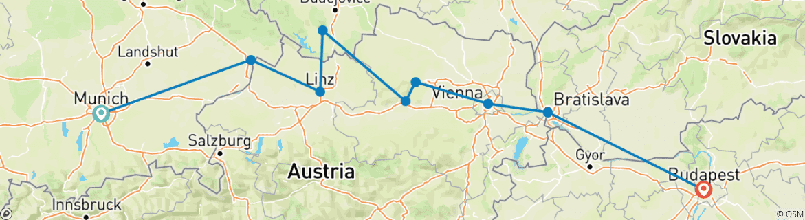 Image of a map showing the route of the tour