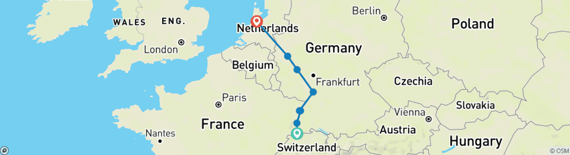 Image of a map showing the route of the tour