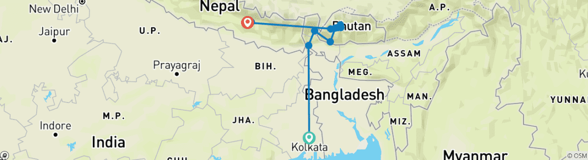 Image of a map showing the route of the tour