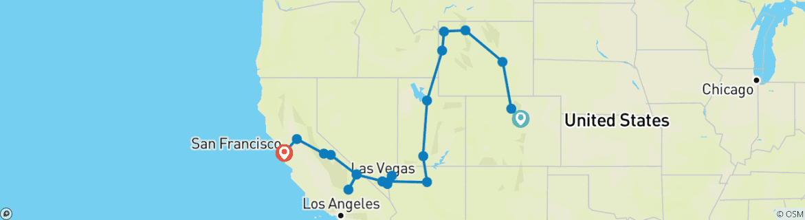 Image of a map showing the route of the tour