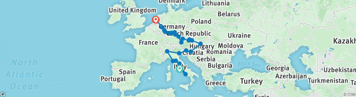 Image of a map showing the route of the tour