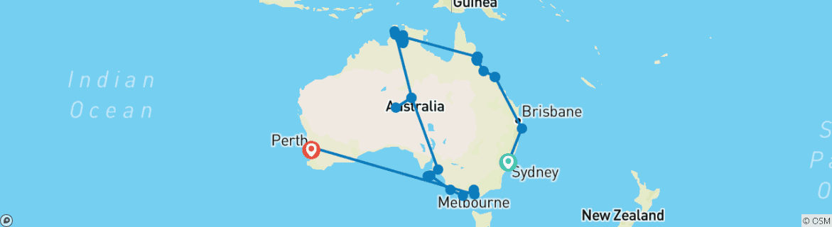 Mapa de Tras las huellas de la serpiente del arcoíris (de Sídney a Perth)