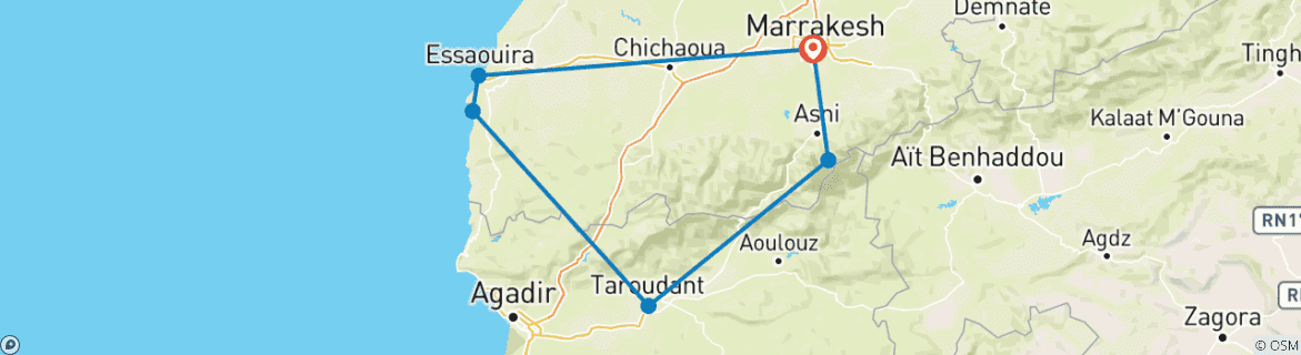 Image of a map showing the route of the tour