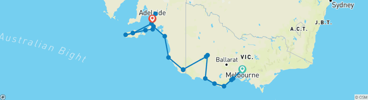 Image of a map showing the route of the tour