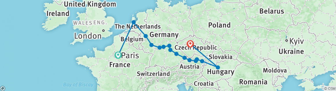 Image of a map showing the route of the tour