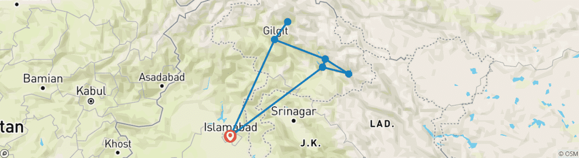 Image of a map showing the route of the tour