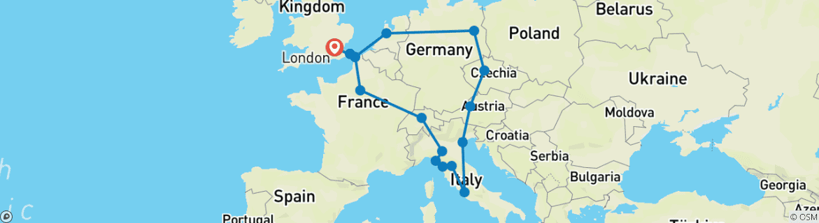 Image of a map showing the route of the tour