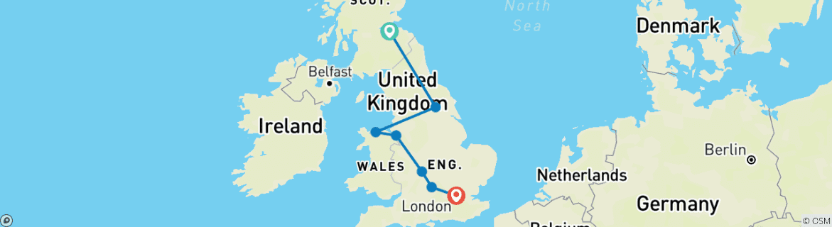 Image of a map showing the route of the tour
