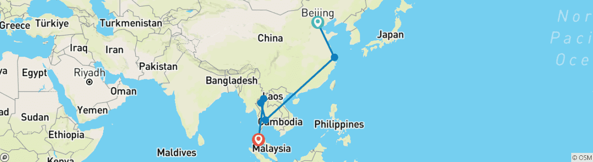Image of a map showing the route of the tour