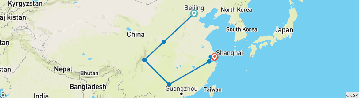 Image of a map showing the route of the tour
