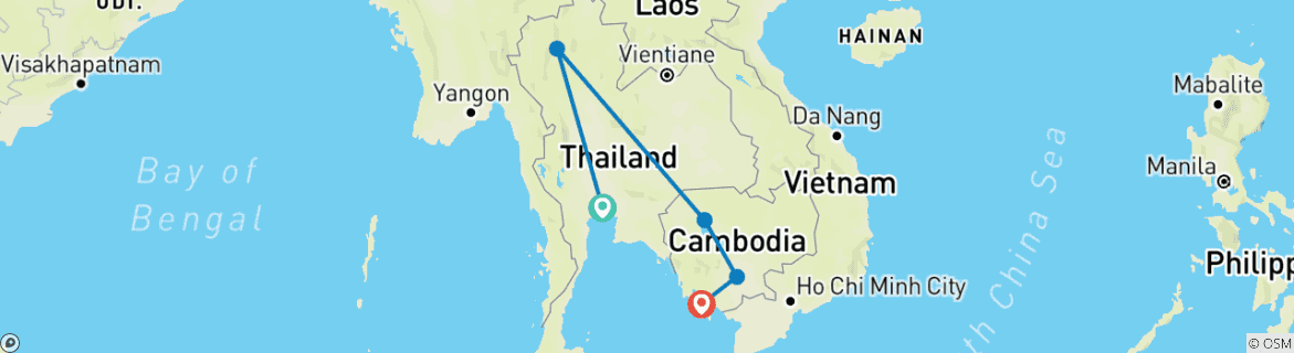 Image of a map showing the route of the tour