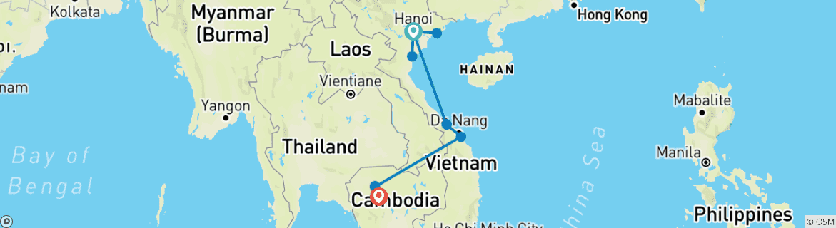 Kaart van 14-daagse reis door de erfgoedroutes van Vietnam en Cambodja - privéreis