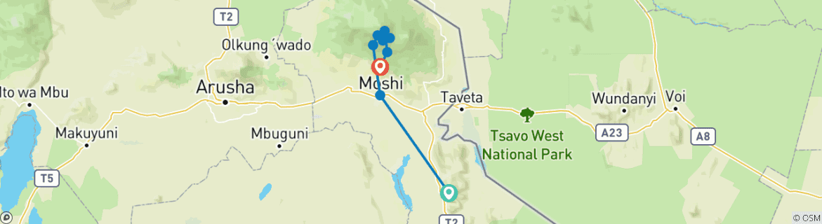 Image of a map showing the route of the tour