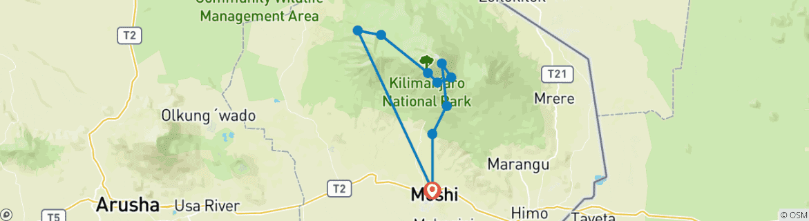 Image of a map showing the route of the tour