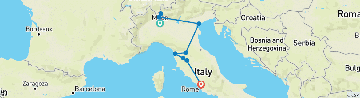Image of a map showing the route of the tour